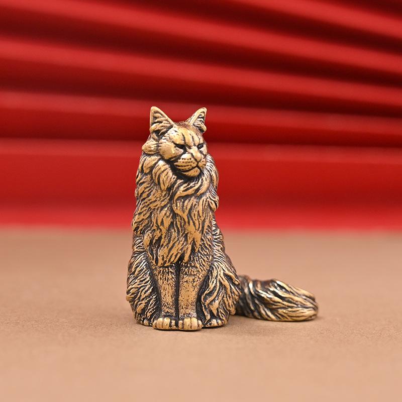Maine Coon Small Figurine Polished Brass Mini Animal Cat Statue Portable Desktop Ornament for Travel Bag Pendant Desk Decor Gift