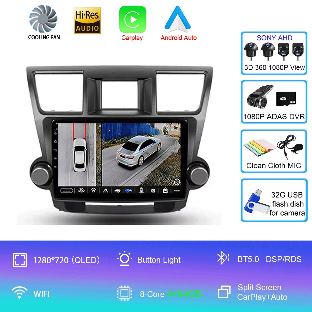 Car Radio Android 14 Carplay Auto For Toyota Highlander 2 XU40 2007-2013 Multimedia Video Player Navigation GPS Stereo 2din DSP