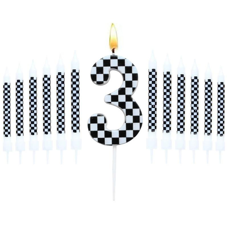 1/6/12/13 Pcs Racing Cars Themed Birthday Candles Black and White Race Number Checkered Candle Cake Topper for Racing Car Party