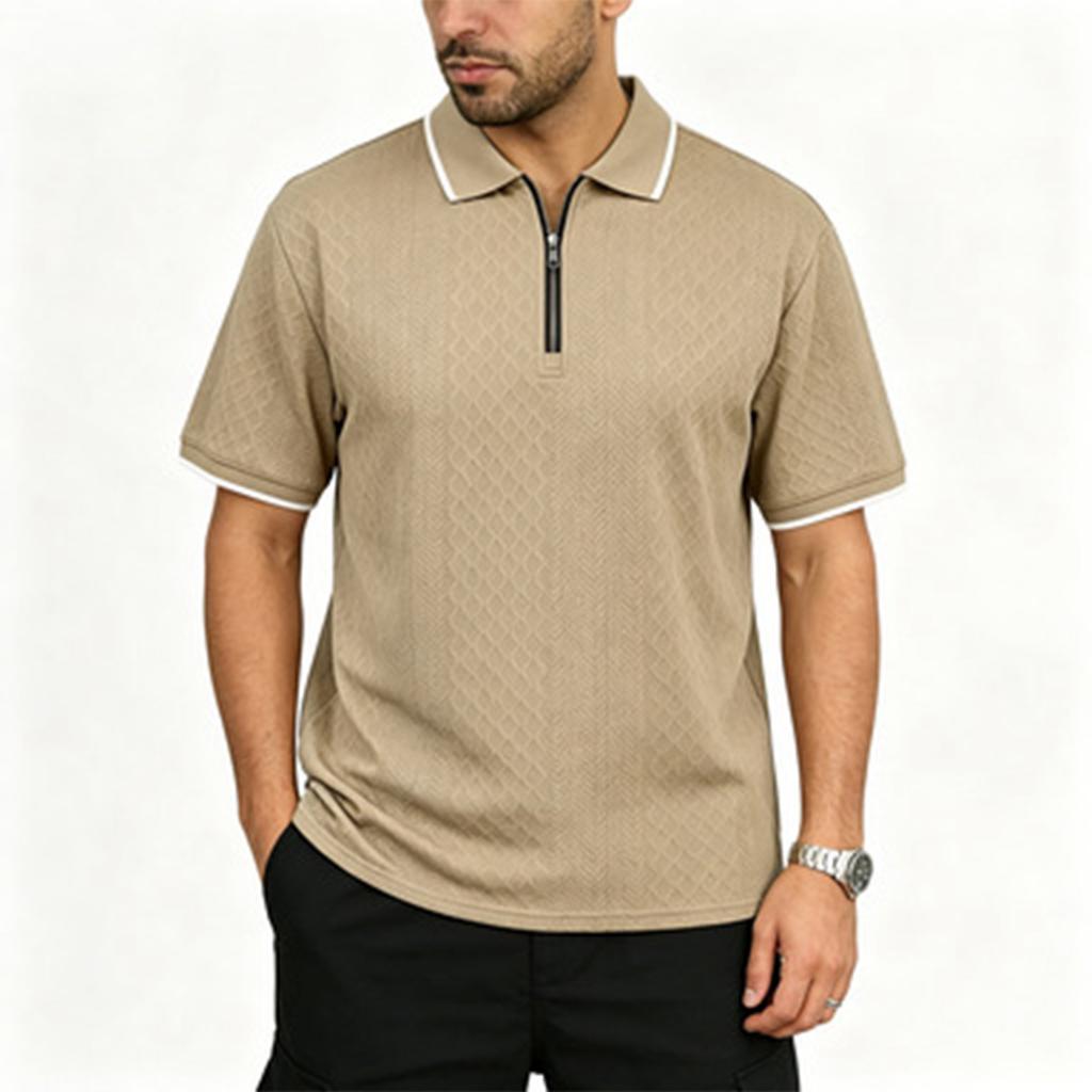 Men's Short Sleeve Polo Shirt with Zipper Collar Classic Fit Lightweight Knit Top for Everyday Wear