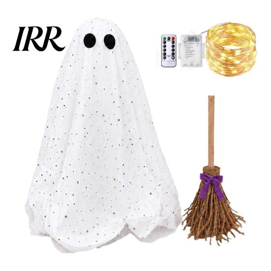 Stable Floor Support Ghost Halloween Decoration with Broom, Spooky Sequins Mesh White Ghost, Cute Photo Prop Adjustable Standing for Party,