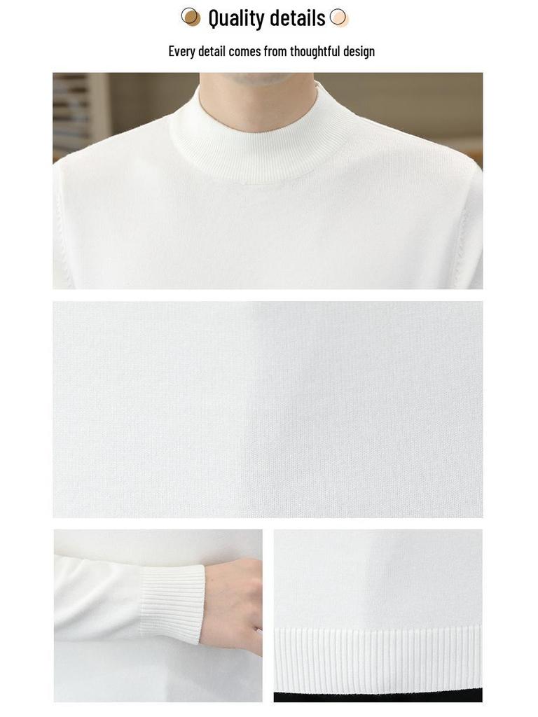 Men's Slim Fit Wool Sweater - Autumn & Winter Half-High Collar Knit Base Layer, Solid Color Trendy Design