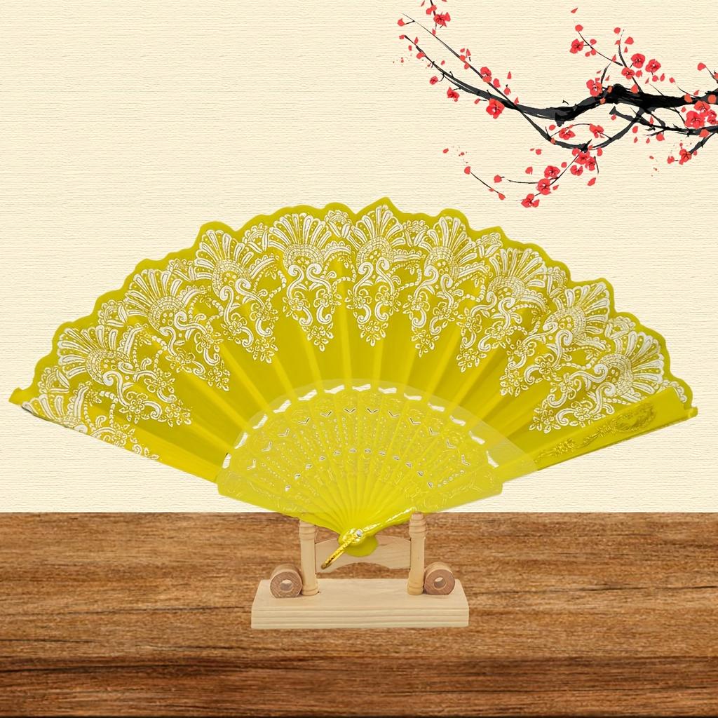 1pc Bronzing Flower Pattern Folding Fan Chinese Style Silky Fan Ancient Costume Accessories Dance Performance Props