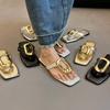 2025 new square-headed open-toed flip-flops wear versatile toe casual flat-bottom metal buckle niche sandals summer