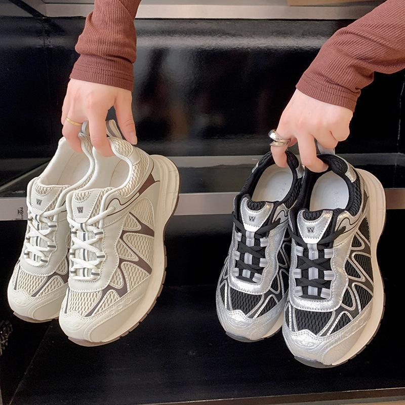 Leather mesh Forrest Gump shoes women's 2025 summer new round head thick sole thin breathable lightweight casual sports shoes tide