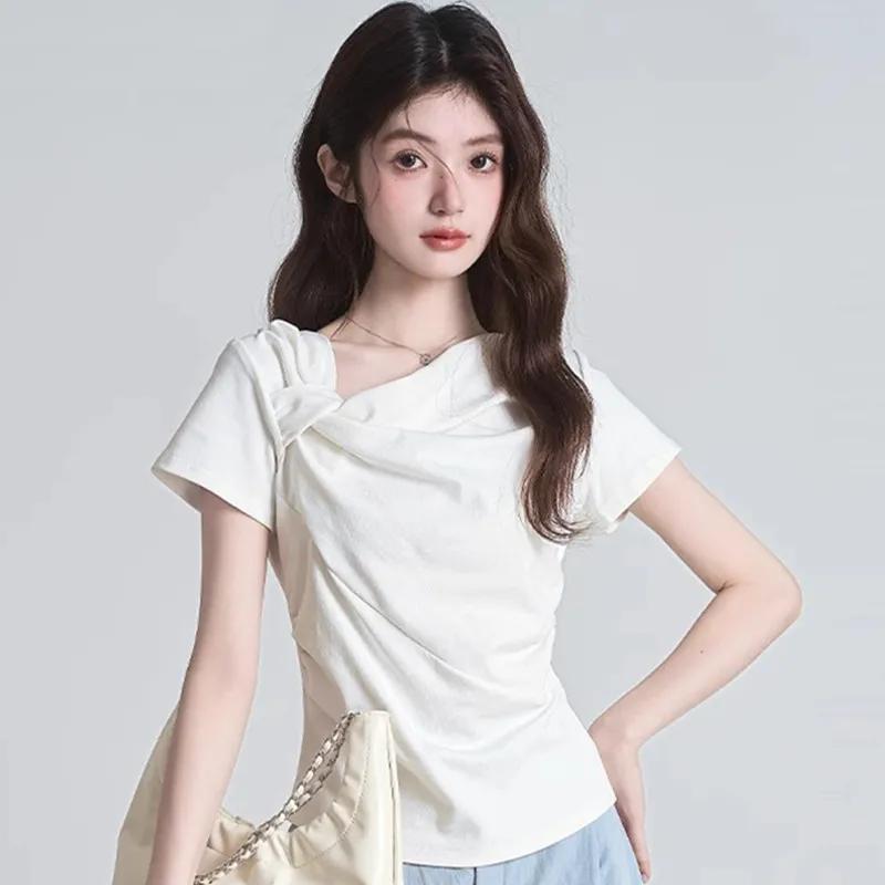 

Women s White Short Sleeve T-shirt Asymmetrical Twist Neck Slim Fit Casual Top S білий