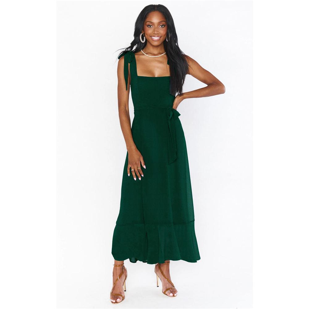 Women's Elegant Bridesmaid Dresses Square Neck Ruffle Slit Hem Midi Formal Dress for Wedding Guest Cocktail Party