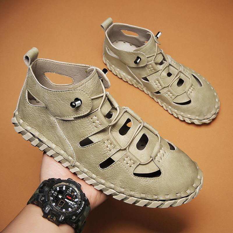 Fashion Summer Anti-collision Toe Men Sandals Casual Leather Roman Shoes Outdoor Man Beach Shoes High Top Ankle Boots Soft Summer Flats