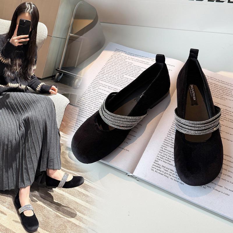 Gentle shallow mouth rhinestone soft sole single shoes flat Mary Jane shoes fattened and widened large size women's shoes
