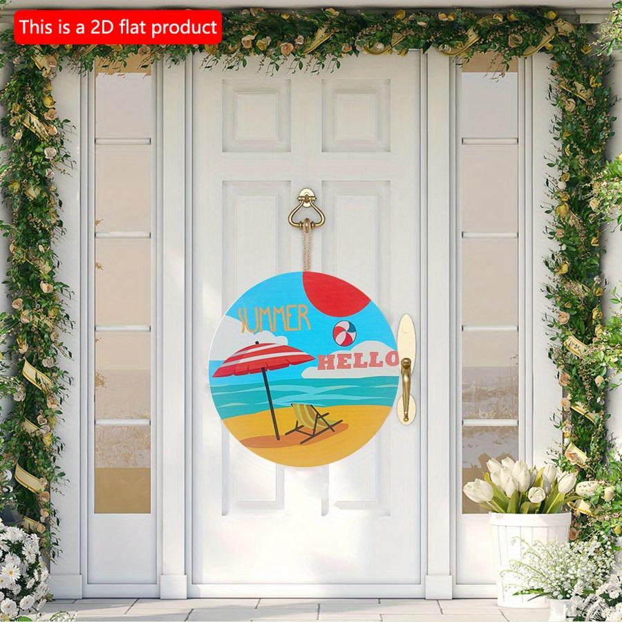 2D flat 20*20cm 1pc Hello Summer Cartoon parasol&recliner patterns Wooden Hanging Decor Beach tourism scene Awesome Round ornament Suitable for resort