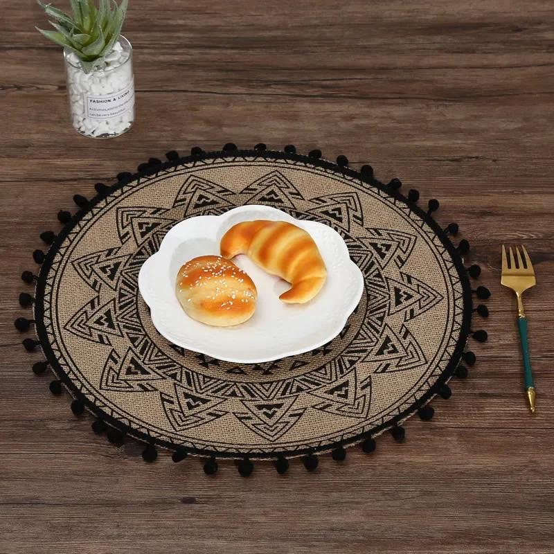 4pcs Fabric Waterproof Jute Placemat with Lace Ball Anti-scalding Pot Mat Restaurant Placement Insulation Mat