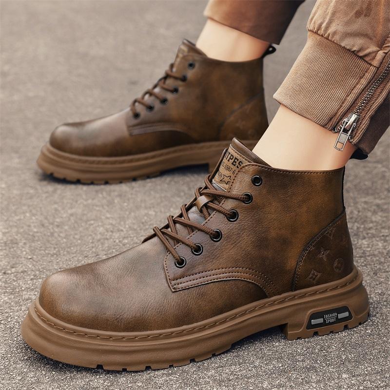 Fashion 2025 New Genuine Leather MEN'S BOOTS with Retro Style Leather Boots Thick Soles Wear-resistant MEN'S High Top Casual Shoes