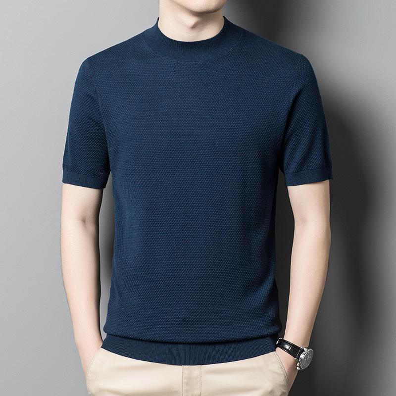 Men's Semi-turtleneck Short-sleeved Sweater Solid Color Casual Knitwear Trend Middle-aged Thin Woolen Pullover Base