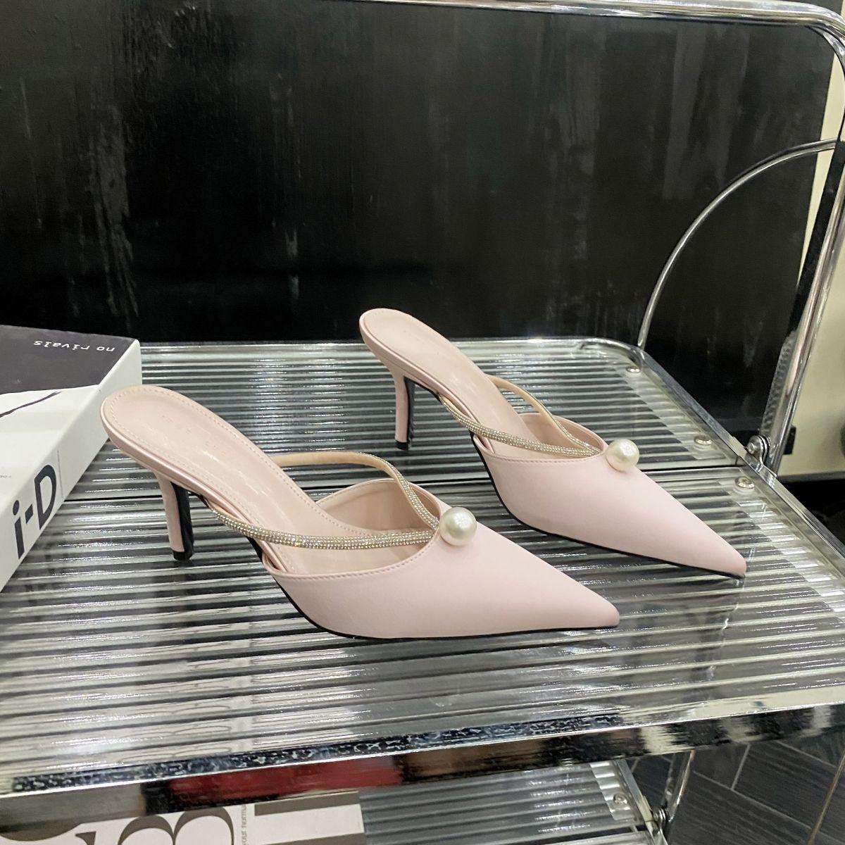 

Весна 2025 года, новые универсальные туфли на шпильке с острым носком, темпераментные, тонкие, французские, модные, полутапочки с сумкой на голове 40 розовый