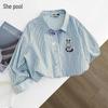 Ta Chi Women's Korean Style Embroidered Striped Loose Fit Shirt