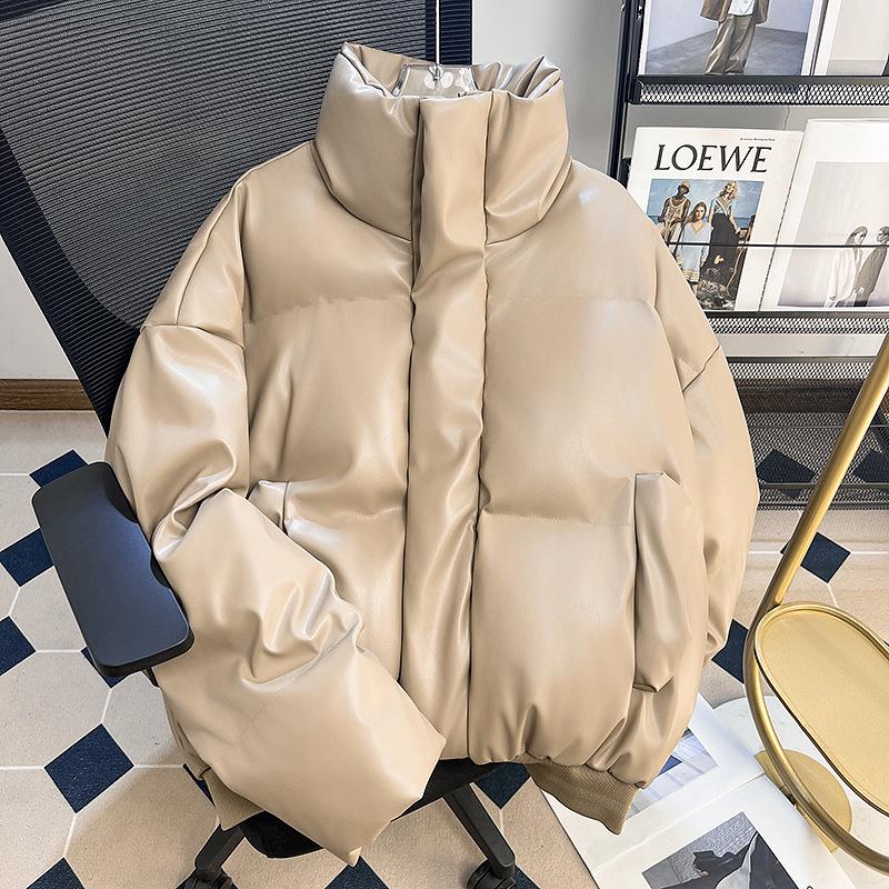 Men's Winter PU Leather Cotton Padded Jacket - Warm, Loose, Versatile Outerwear in Solid Color