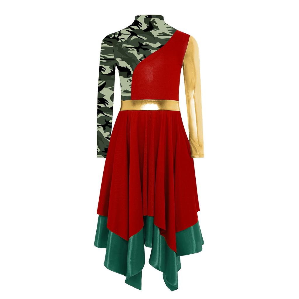 Dziewczęca liturgiczna sukienka do tańca pochwalnego z imitacją golfu, długim rękawem, stylowym nadrukiem, metalicznym color blockiem, o nieregularnym kroju