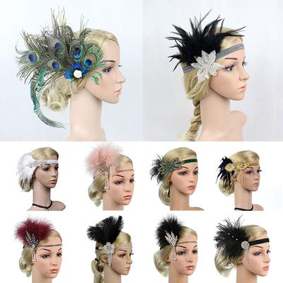 Women Elastic Indian Party Headpiece Masquerade Vintage Hair Accessories Rhinestone Sequin Performance Headwear Feather Headband