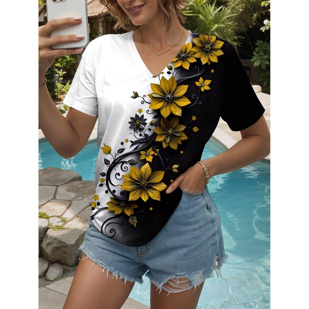 Women's Floral Graphic Vintage Stylish V Neck Short Sleeve Streetwear Tops Oversized Clothing Print Summer T-Shirts