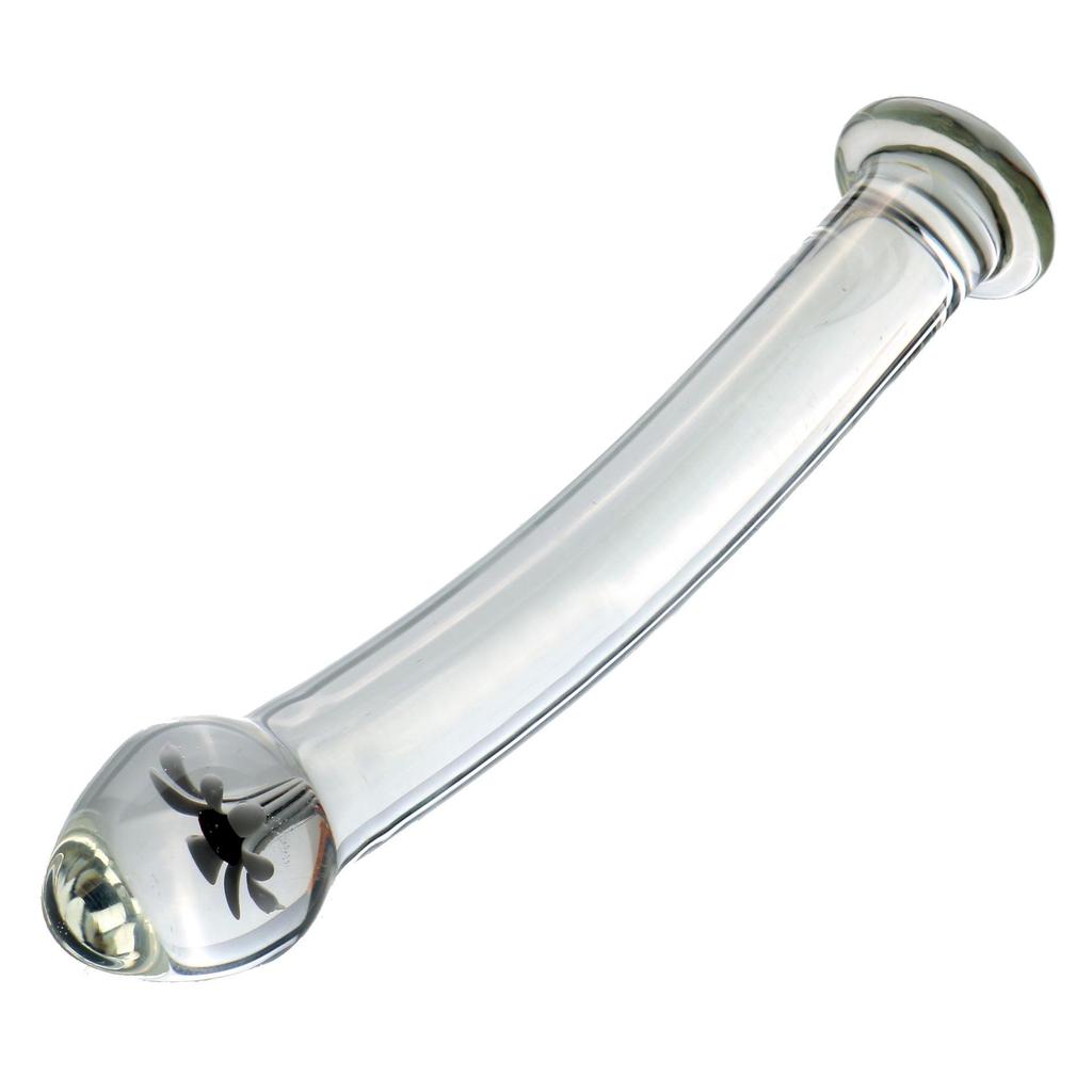 Blue-Red Inner Carved Flower Ribbed Glass Dildo with Handle for Female Use