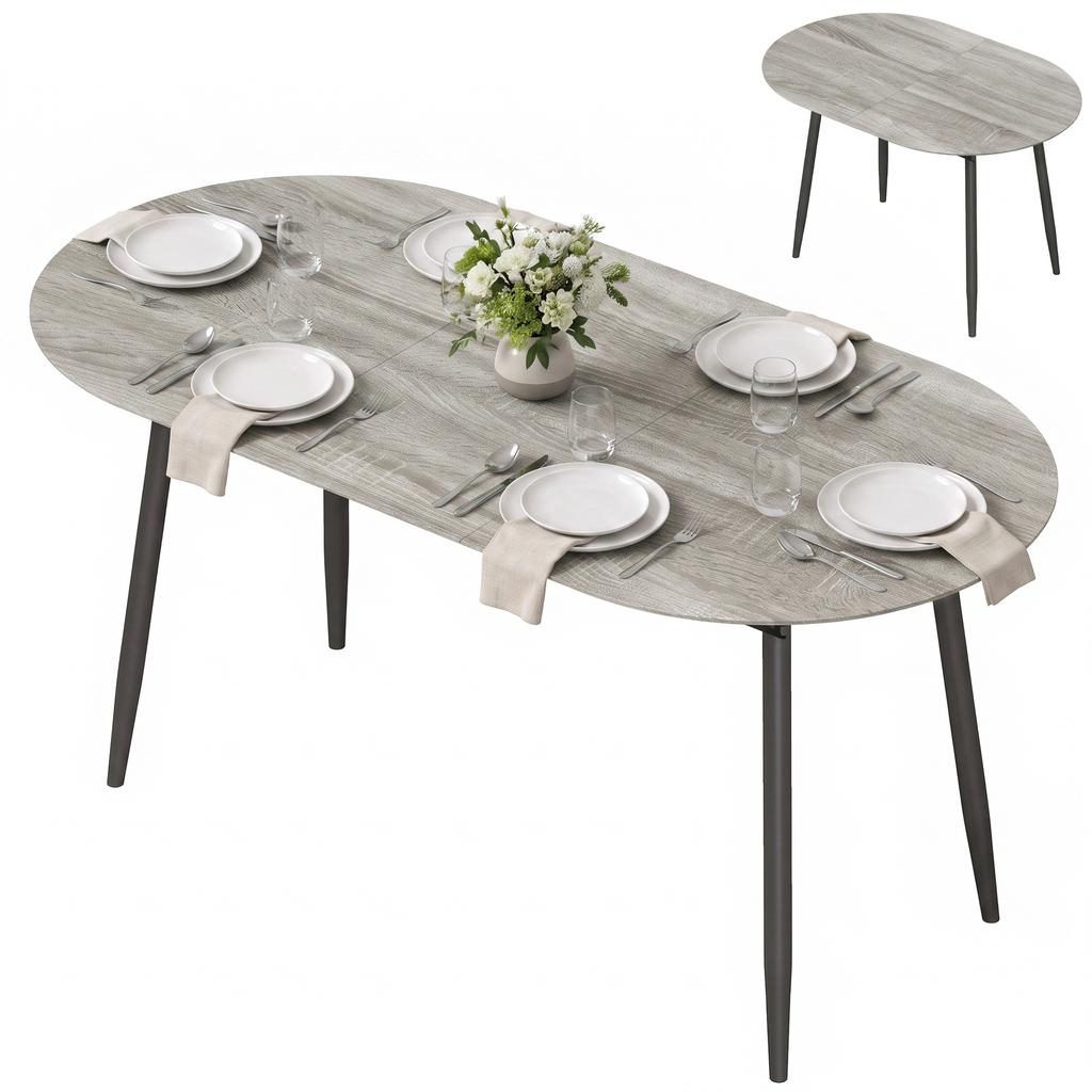 Extendable Oval Dining Table for 4-6 People, Expandable Modern Kitchen Table with Metal Frame, Gray