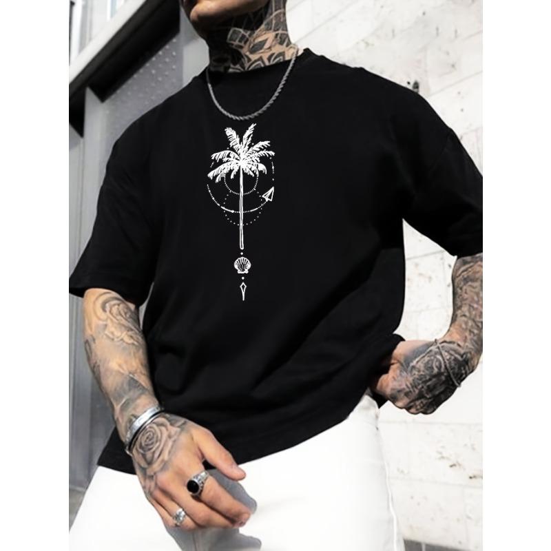 Europäische Größe Kokospalme Grafikdruck Herren Rundhals Kurzarm T-Shirts, Sommer Trendiges T-Shirt, Lässiges Bequemes Vielseitiges Oberteil Für Outdoor-Sportarten