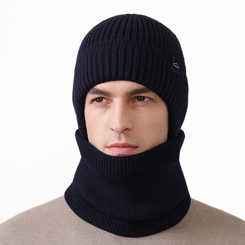 Knitted Hat Men's Fleece Solid Color Cap Scarf Kit Winter Outdoor Warm Wool Hat