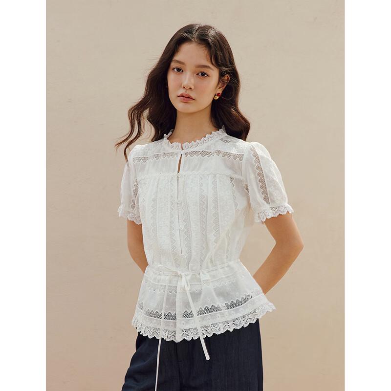 INMAN French Lace Tie-Waist Short Sleeve Shirt