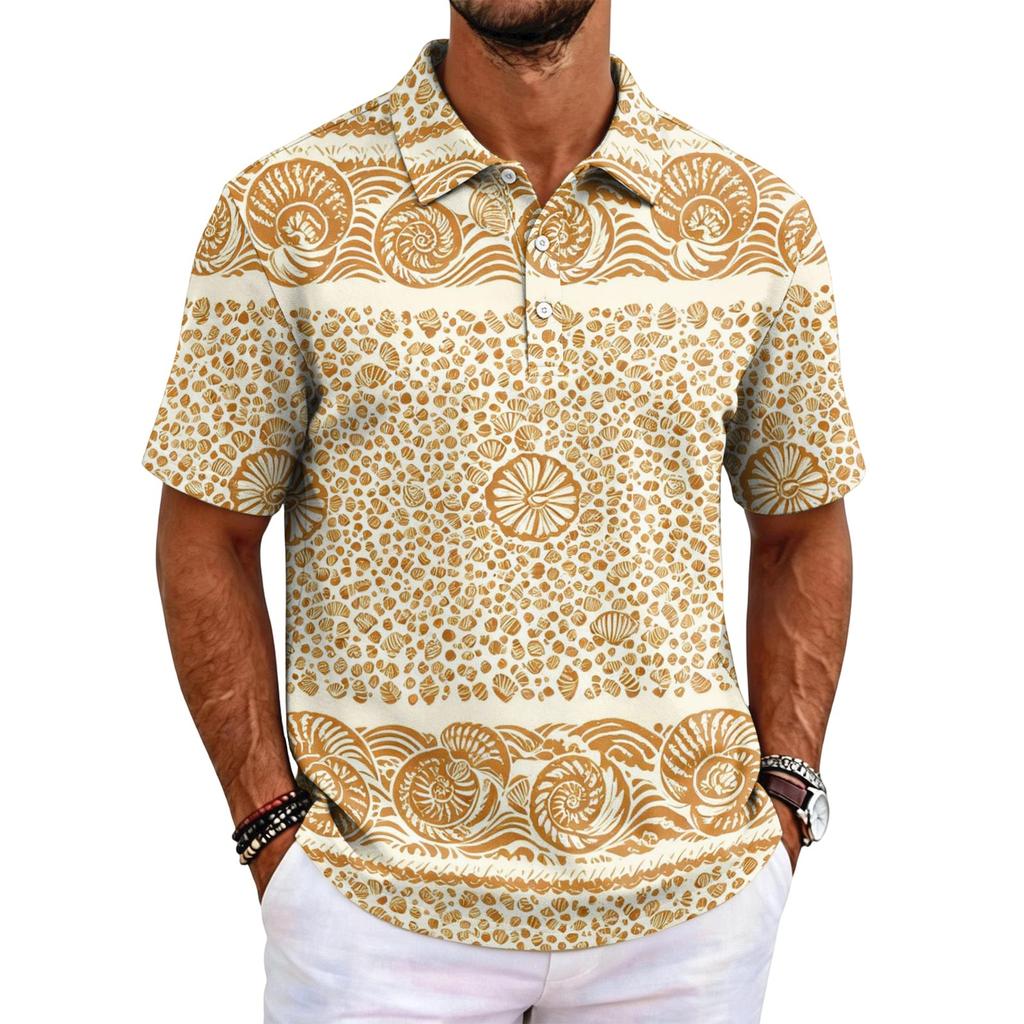 Men's Short Sleeve Polo Shirt Hawaiian Style Loose Fit Casual Top with Print and Classic Collar for Daily Wear
