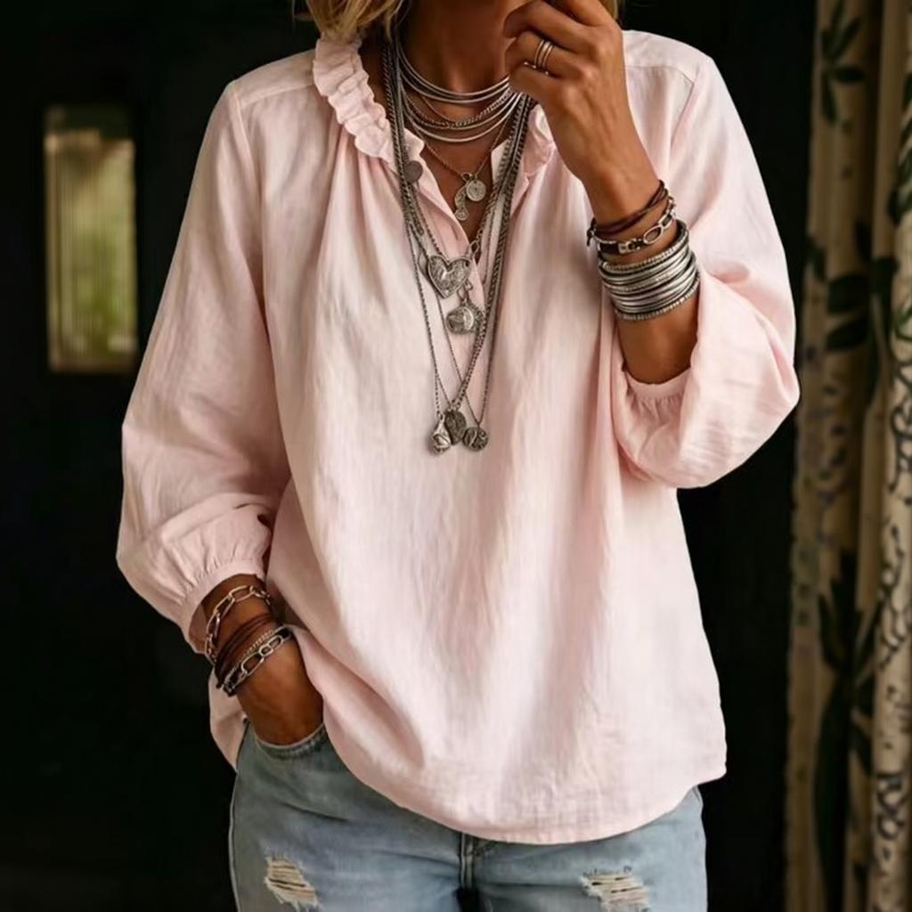 Women's Long Sleeve V Neck Pullover Blouse Loose Fit Casual Top