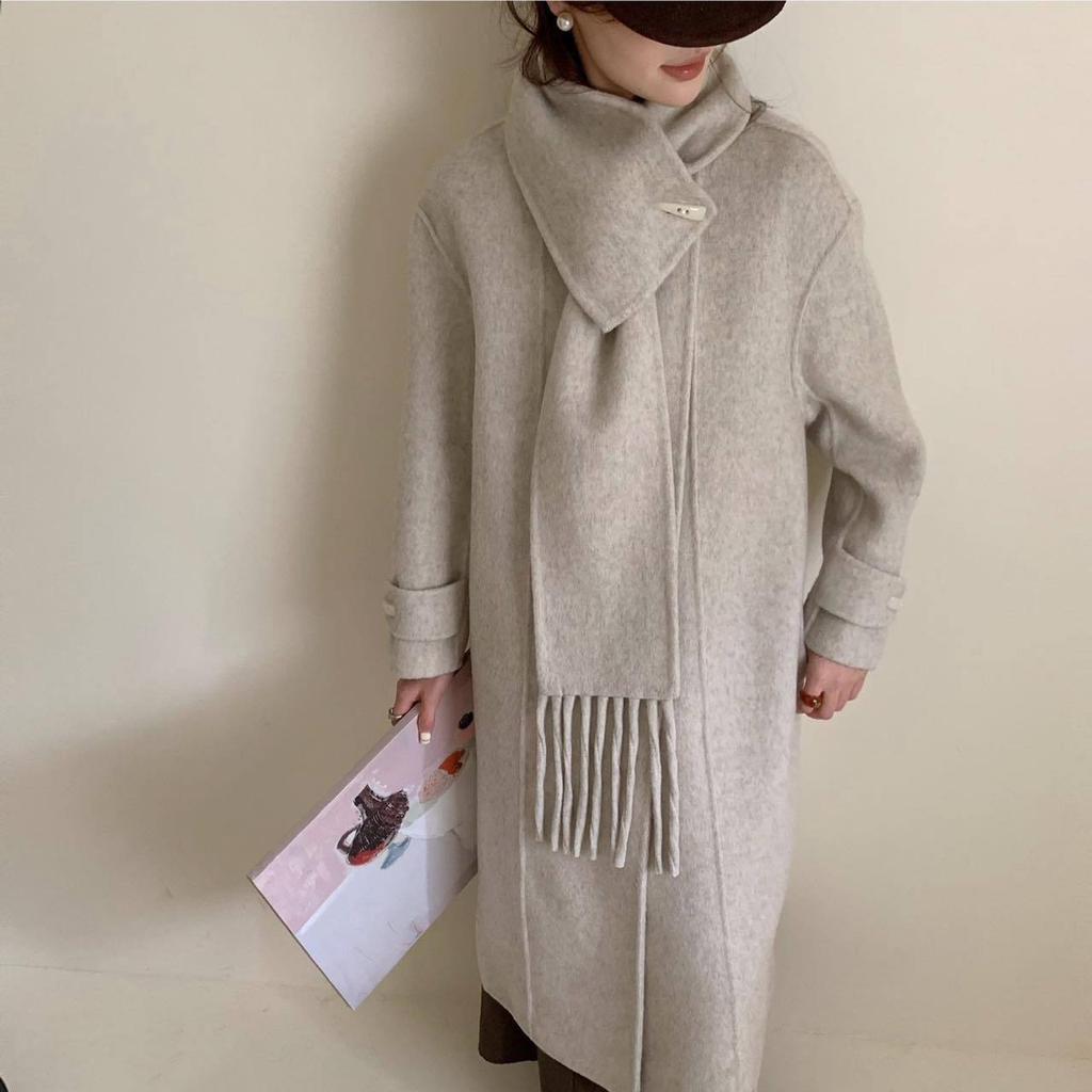 Korean Lace Detachable Tassel Scarf Horn Button Double-sided Wool Coat Mid-length Temperament Coat Warm and Loose