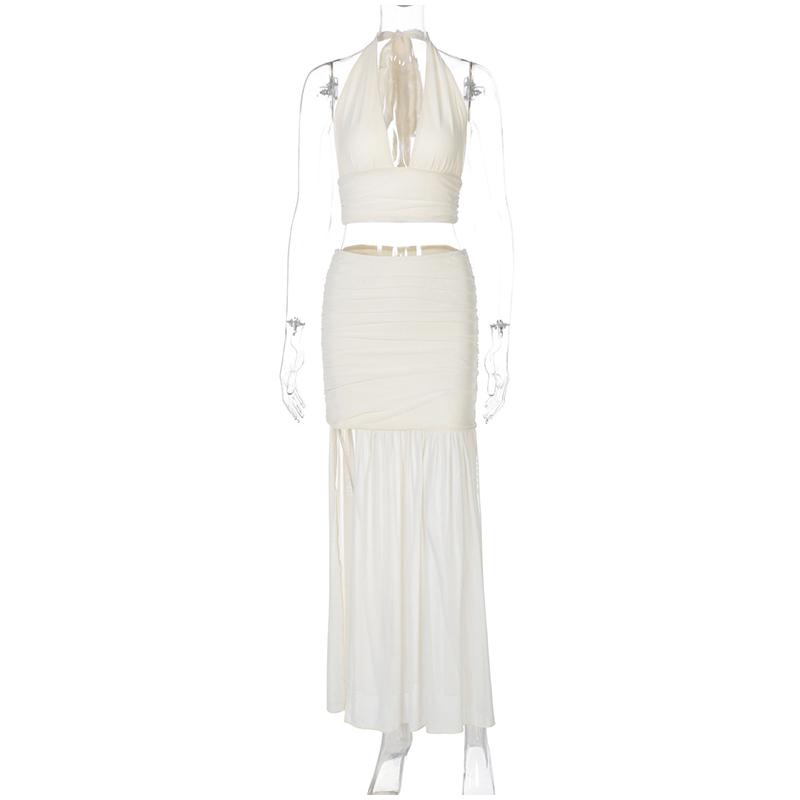 2025 Summer Elegant 2 Piece Set Women Sexy Mesh Lace-Up Backless Cropped Top and Pleated Split Skirt Streetwear Casual Suits