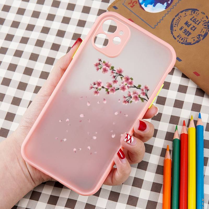 Pink Sakura Flower Cartoon Phone Case Matte Transparent  For Iphone 7 8 11 12 13 Plus Mini X Xs Xr Pro Max Cover