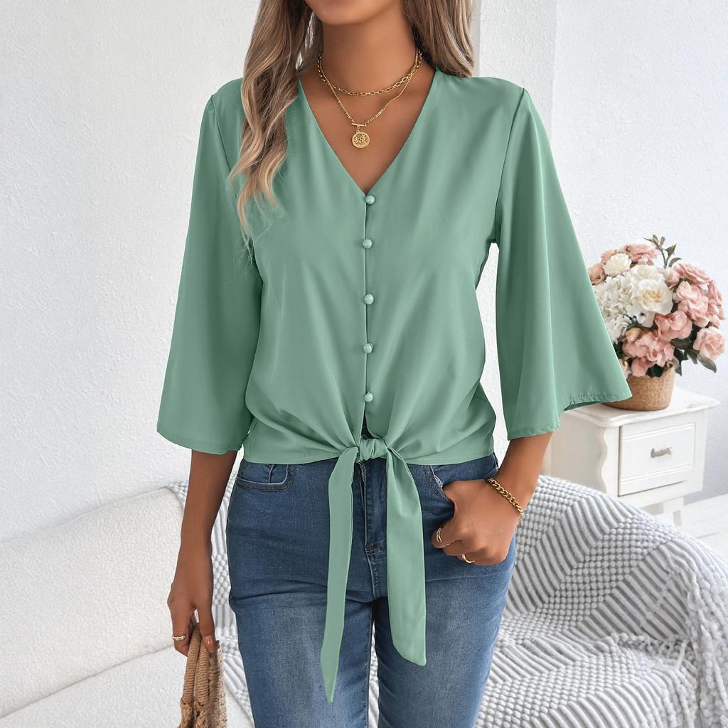 Women's Casual V-Neck Button-Down Three-Quarter Sleeve Knot-Detail Chiffon Blouse