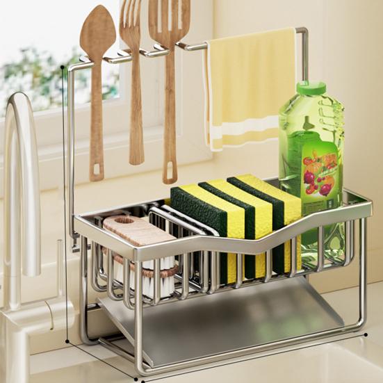 Kitchen Sink Caddy Stainless Steel Sponge And Brush Holder with Adjustable Divider Auto Drain Tray Countertop Organizer for Utensils Dish Soap Bottle
