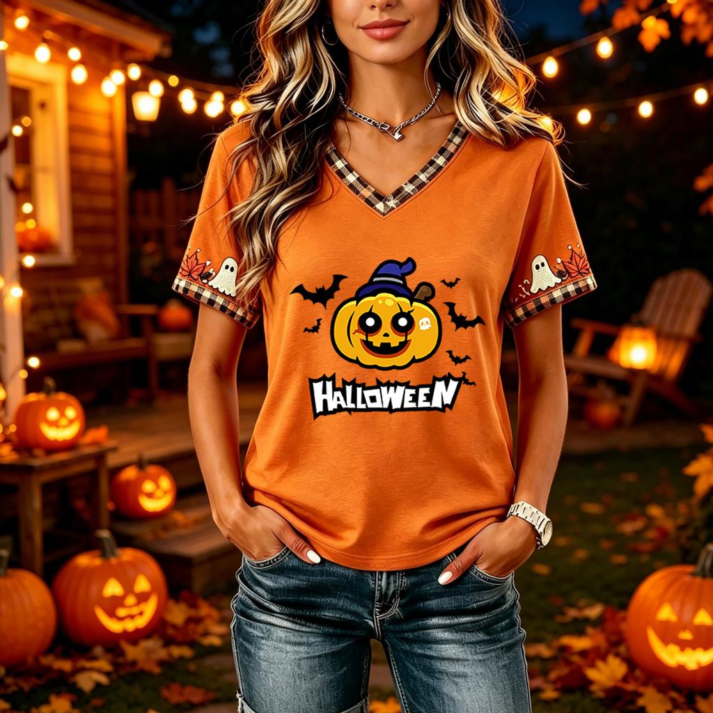 Tricouri Femei Halloween cu Decolteu în V Top cu Dovleac Tricou Casual Top pentru Petrecere de Sărbătoare