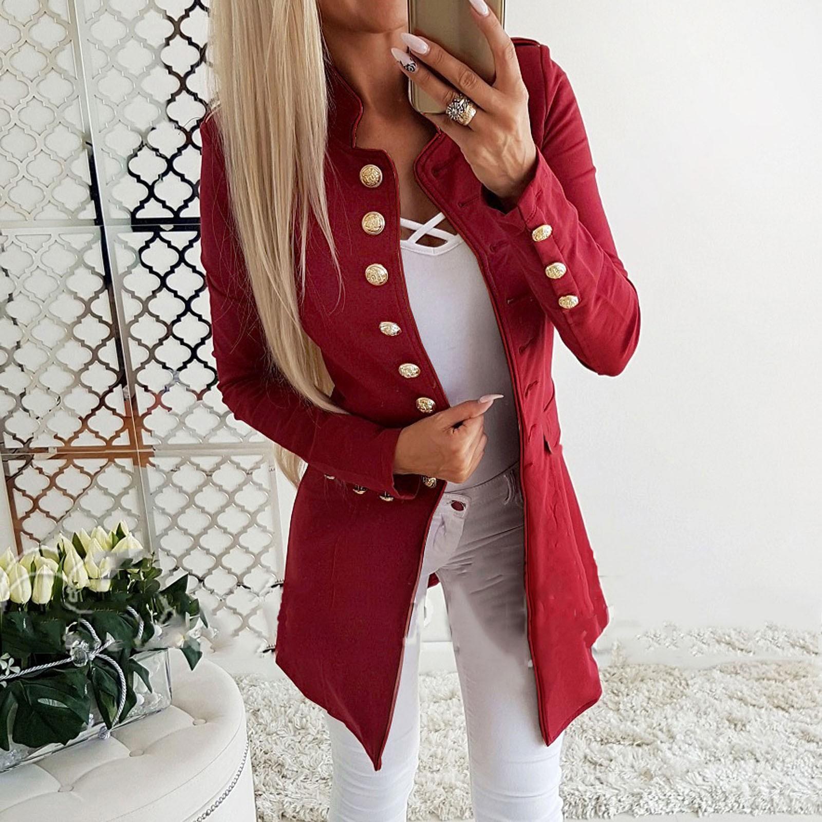 

Жіноча Мода Леді Лацкан Костюм Пальто Куртка з Довгим Рукавом Пальто на Ґудзиках S червоний