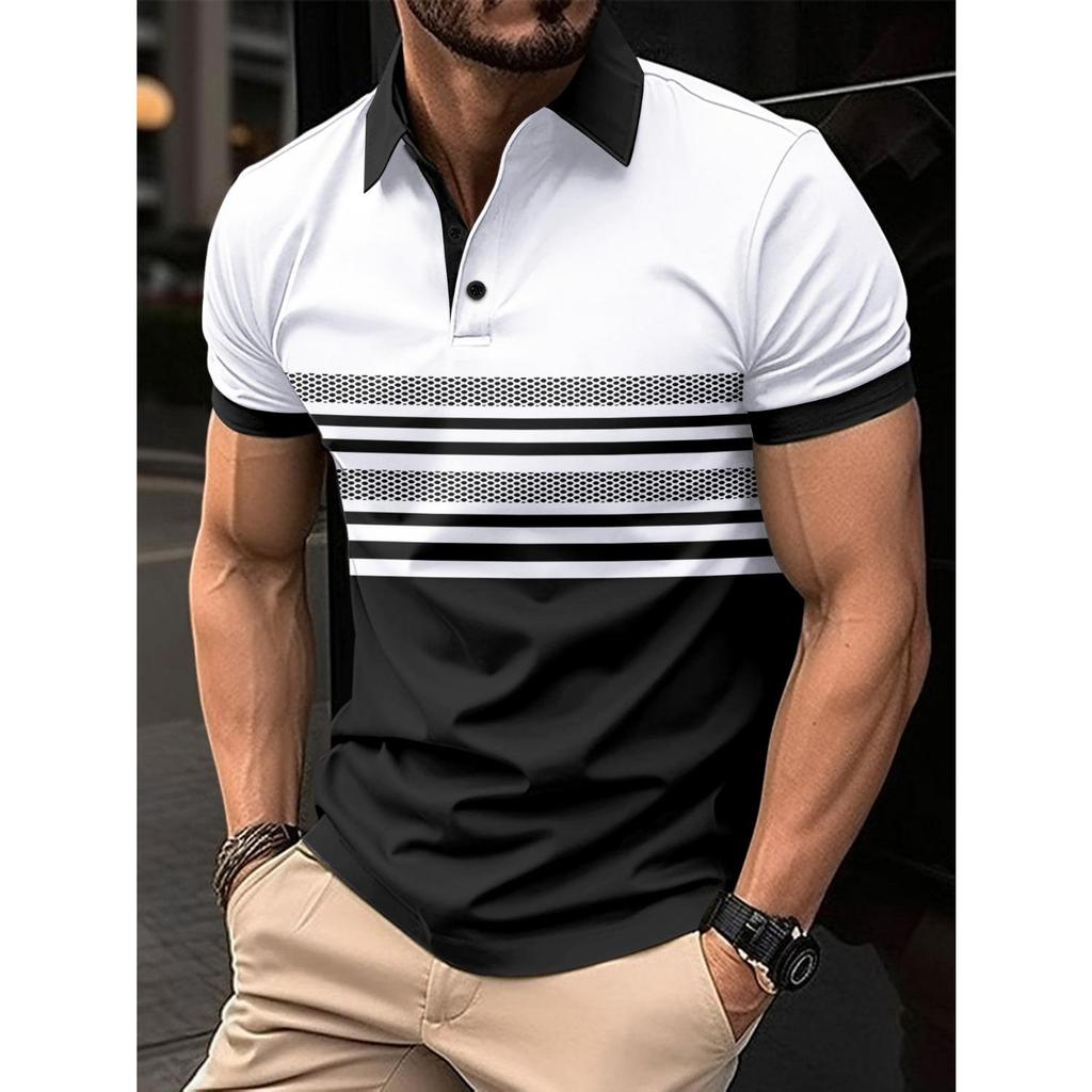Summer New Men's Daily Sports Casual Stripe Printed Lapel Short Sleeve Pullover Shirt