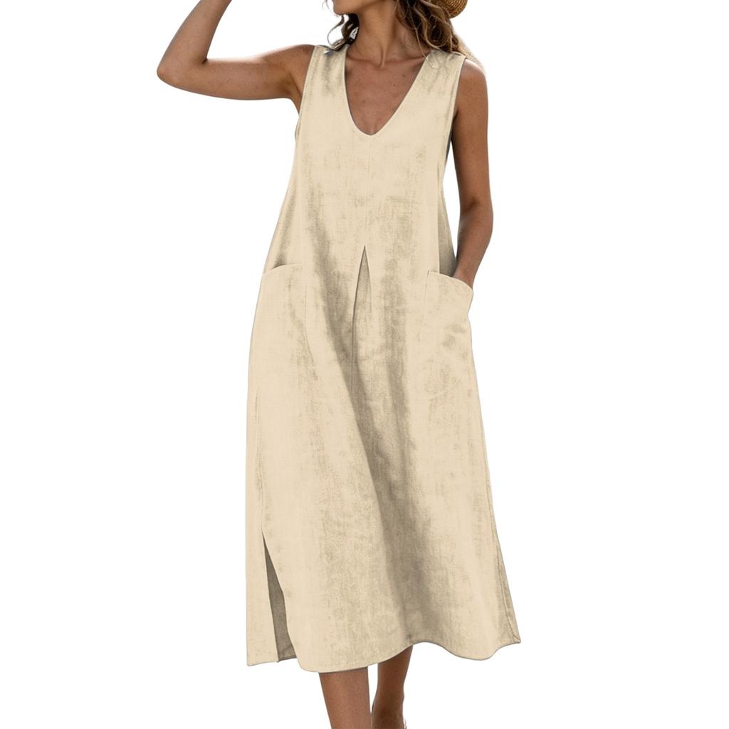 Sleeveless V Neck Midi Dress with Pockets Loose Fit Casual A Line Dress for Women Lightweight Summer Sundress