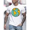 European Size Men's Earth-Themed Short Sleeve T-Shirt - & Continent Print Round Neck Summer Casual Tee, Machine Washable Opaque Top for Camping