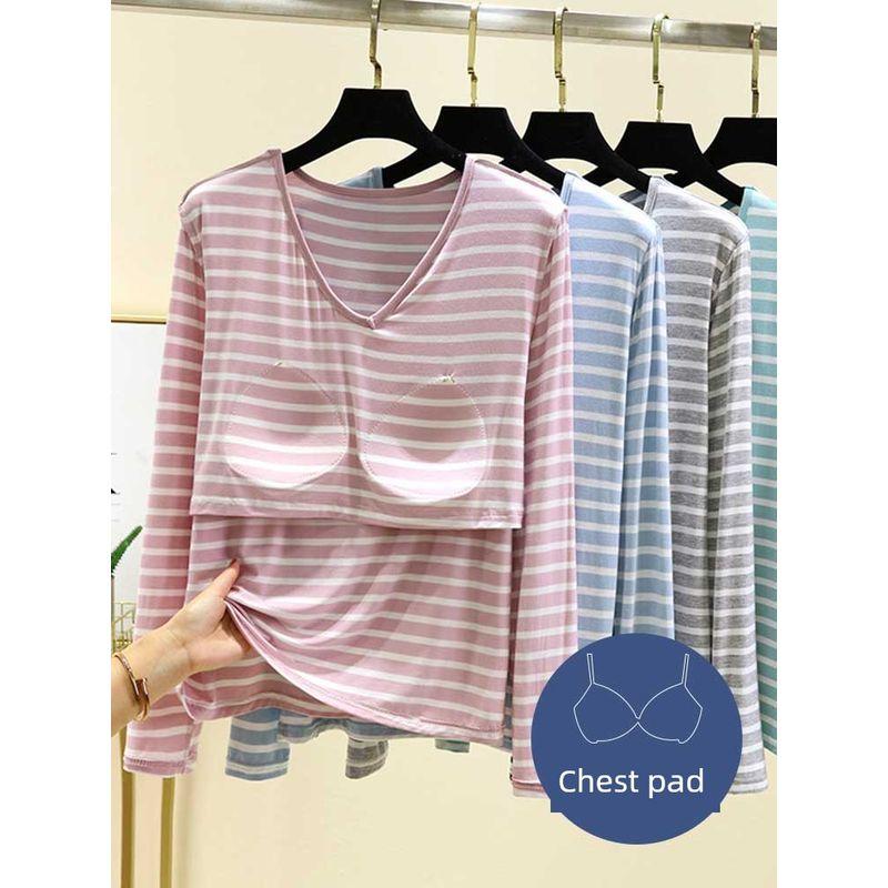 V-neck Modal With Chest Pad T-shirt Women's Spring Inner wear Long sleeve Stripe Bottoming Shirt Thin Casual Plus size Loose Top