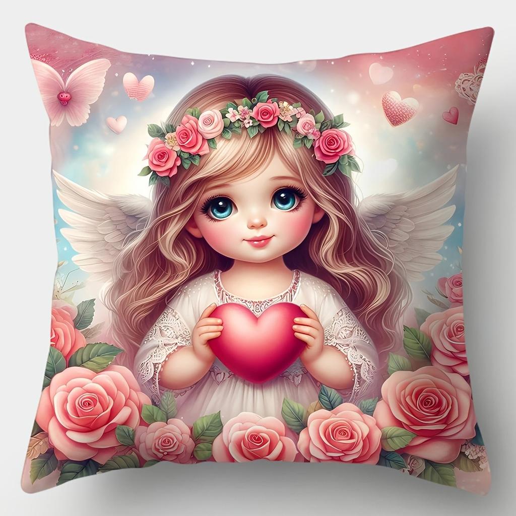 1/4pcs Valentine's Day Pillowcases: Adorable Angelic Girls with Roses and Butterflies Sofa cushion cover home bedroom decoration