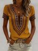 Short-sleeved Travel V-neck Waist Top Shirt with Printed Pattern