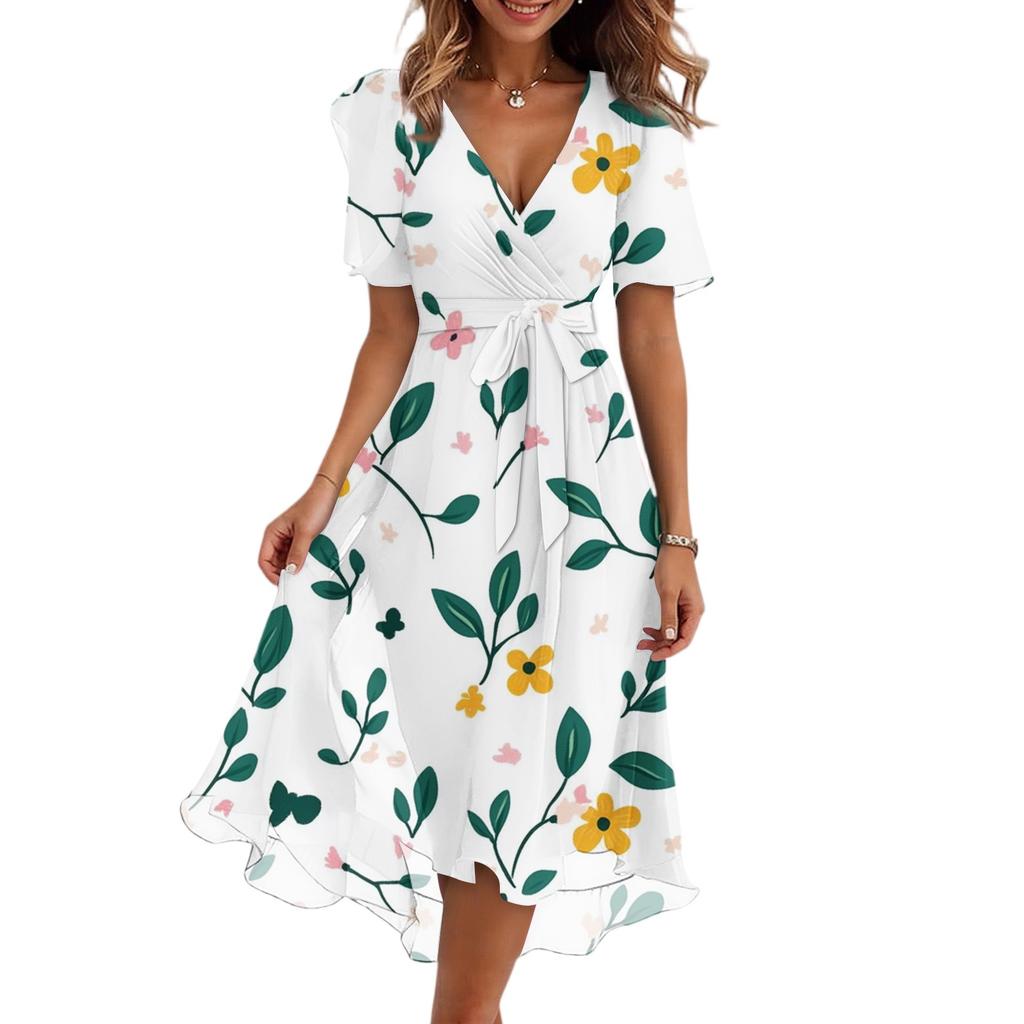 Damenmode Lässig V-Ausschnitt Kurzarm Rüschen Vintage Bedruckte Kleider