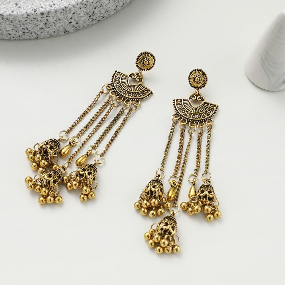 Indian Ethnic Style Jewelry Alloy Vintage Bells Bead Chain Tassel Long Jhumka Earrings For Women Daily Accessories