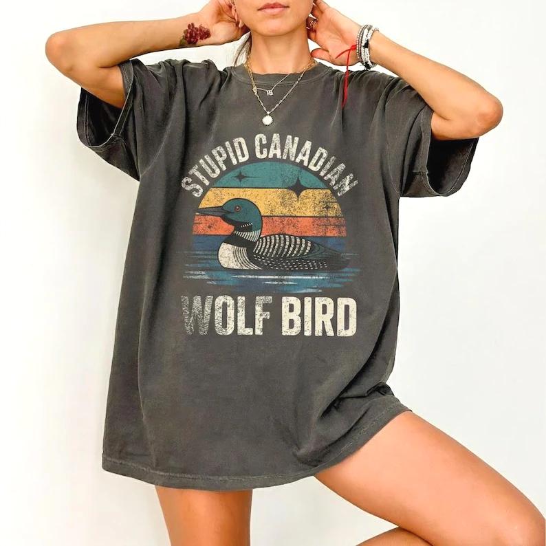 Streetwear Meme Dummer Kanadischer Wolf Vogel Damen T-Shirt Lässiges Tee Unisex Baumwolle Oversize Harajuku Sommer Locker Kurzarm Top