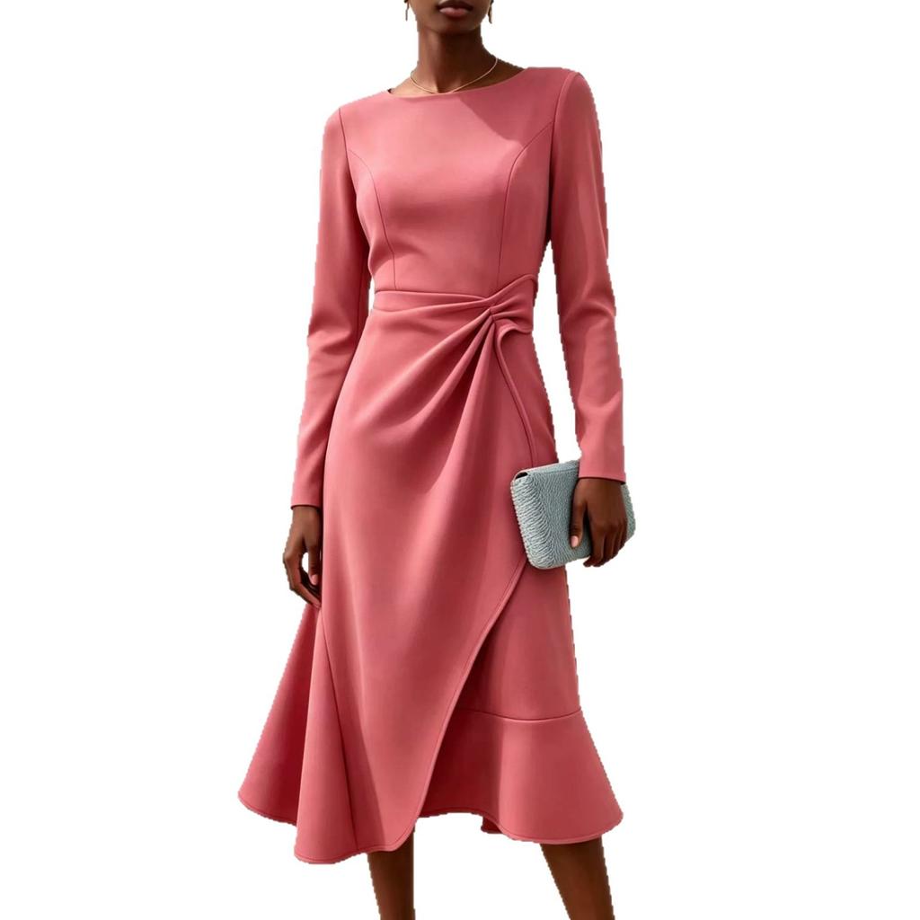 European and American Women's Clothing New Long-sleeved Solid Color Round Neck Dress Medium and Long Dress Women