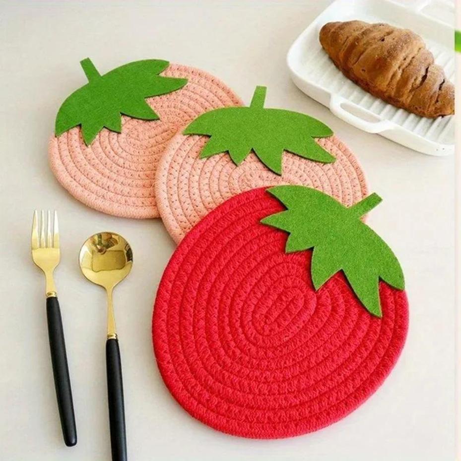 Cartoon Fruit Insulated Meal Mat Red Strawberry Cute Shape Beverage Tea Mat Cup Tableware Drying Mat Household Table Decoration