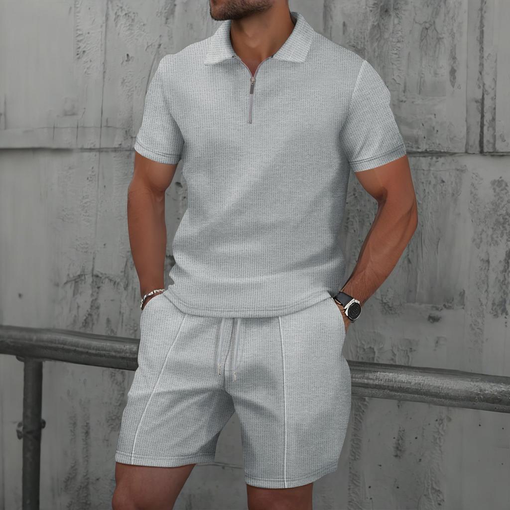 Men's Waffle Zipper Solid Color Short Sleeve Shorts Casual Suit