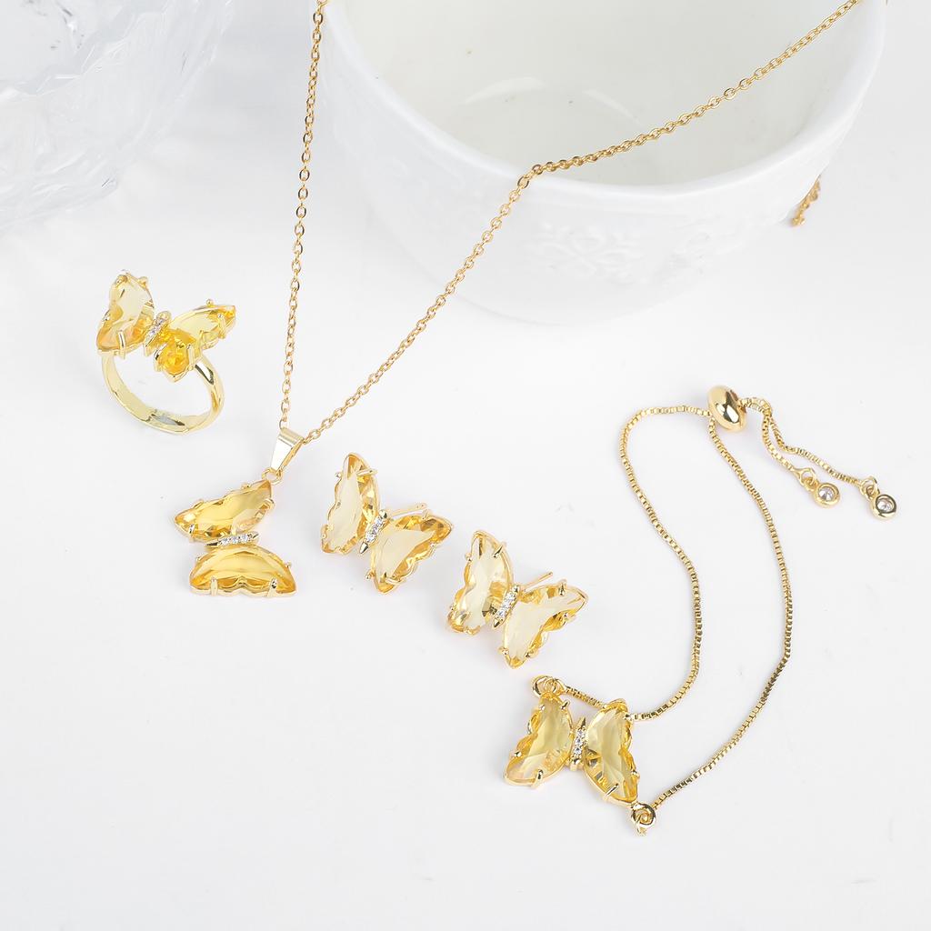 4pcs Creative 21 Colors Crystal Zirconia Butterfly Bracelet Necklace Earrings Ring Jewelry Set Luxury For Woman Party Jewelry